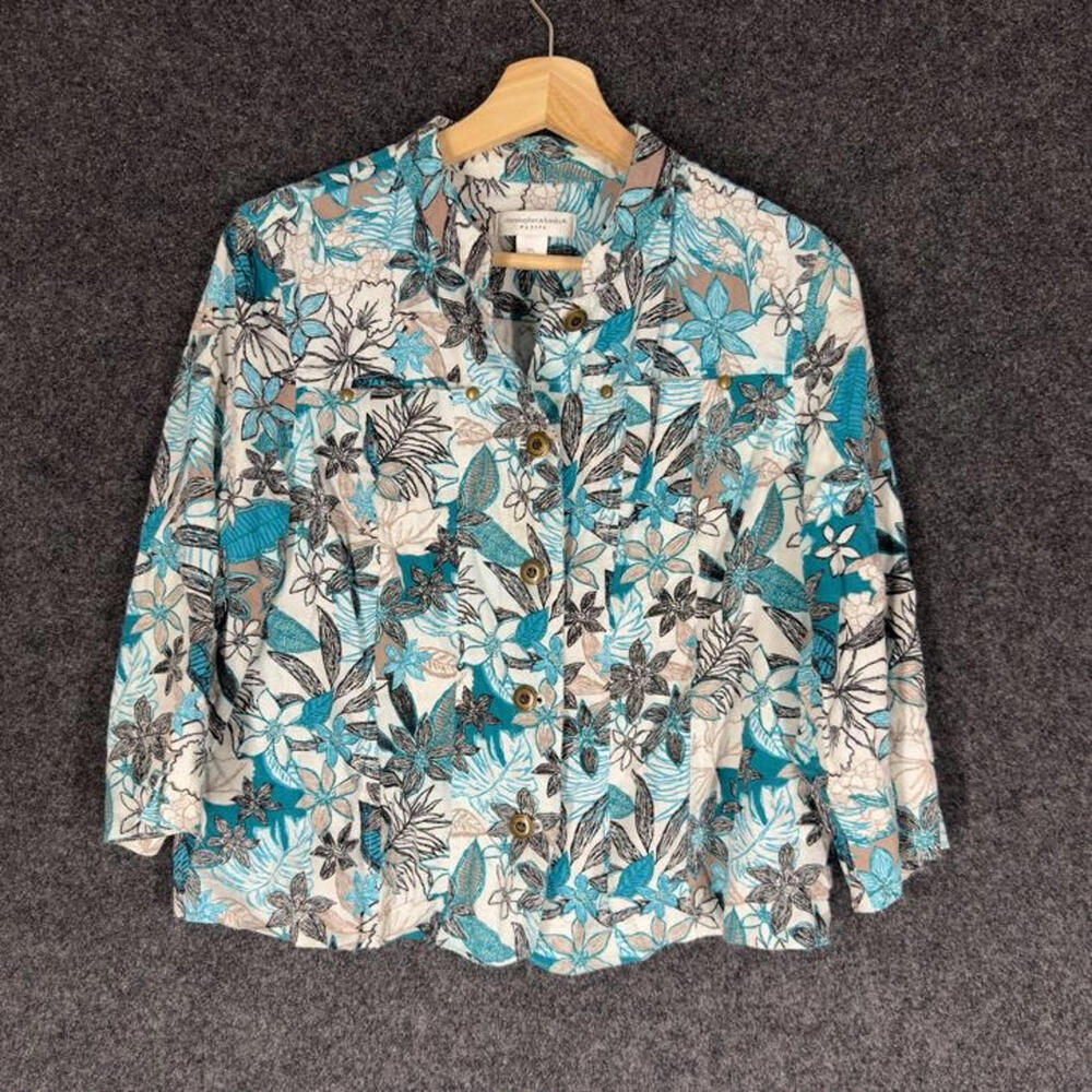 Christopher & Banks Shirt Women PL Petite Blue Floral Button Up Long Sleeve